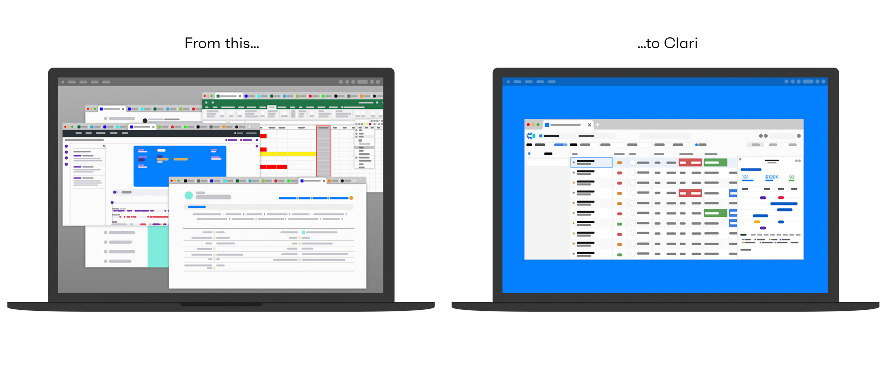 Illustration of two laptops side by side, one with a screen crammed full of open windows and one showing a screen with only one window