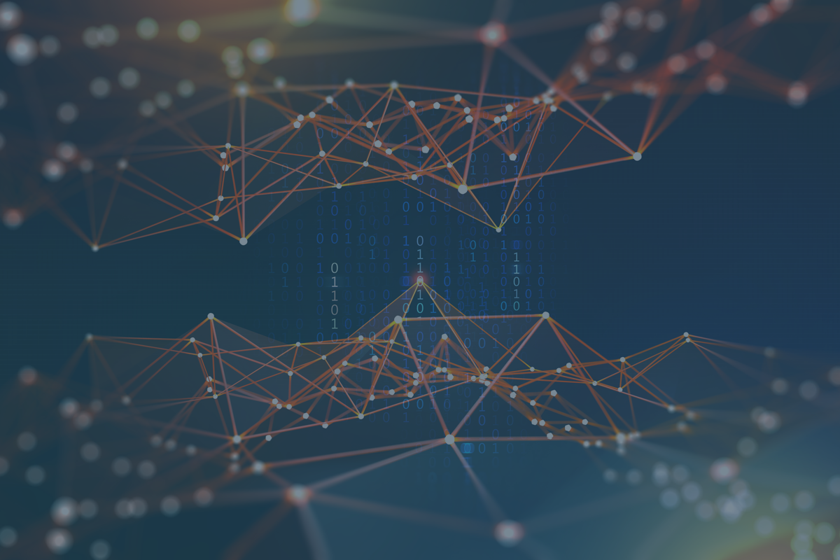 Abstract artificial intelligence illustration showing shapes overlapping columns of numbers 