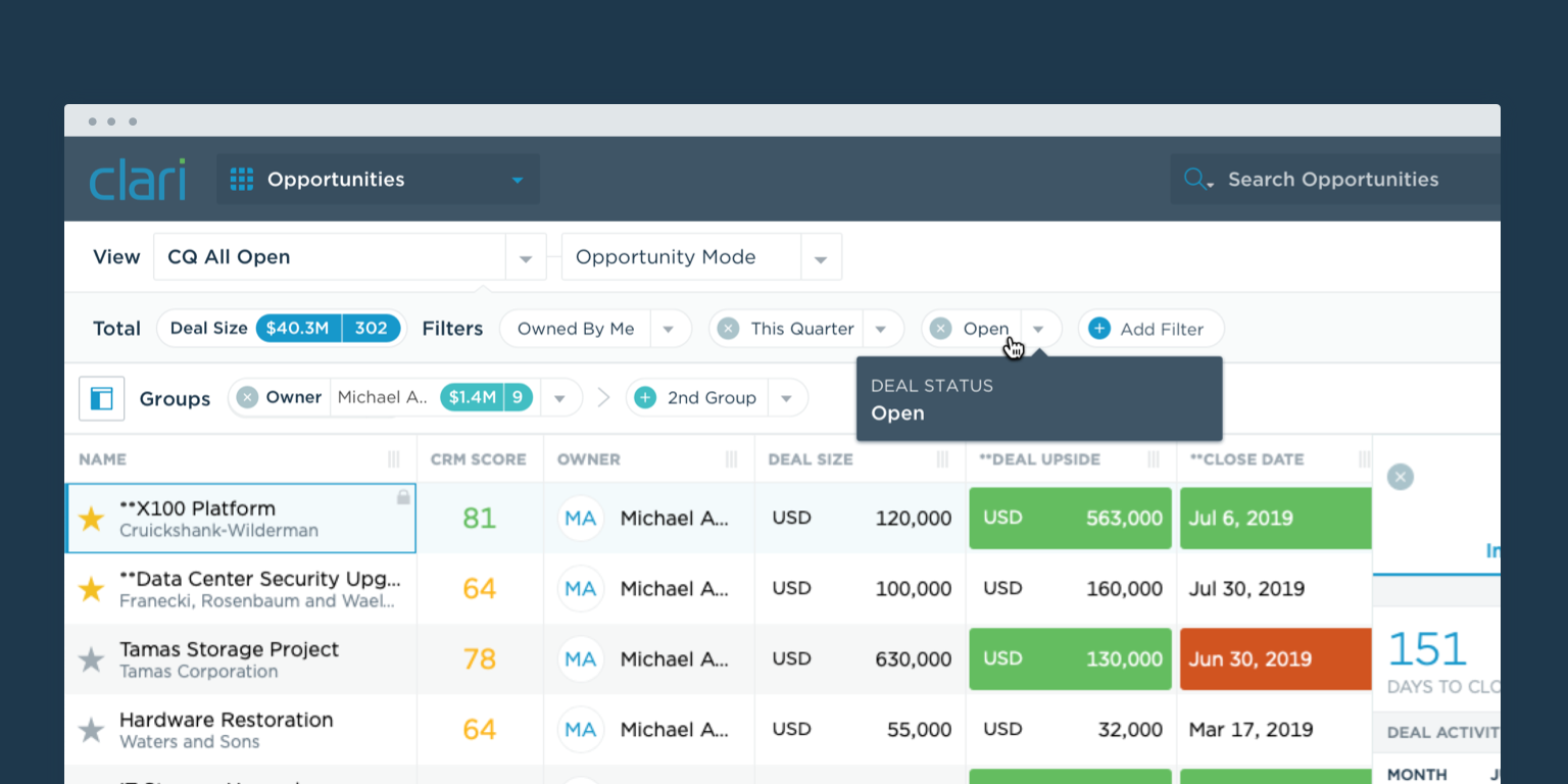 Screenshot of Clari report showing open deals