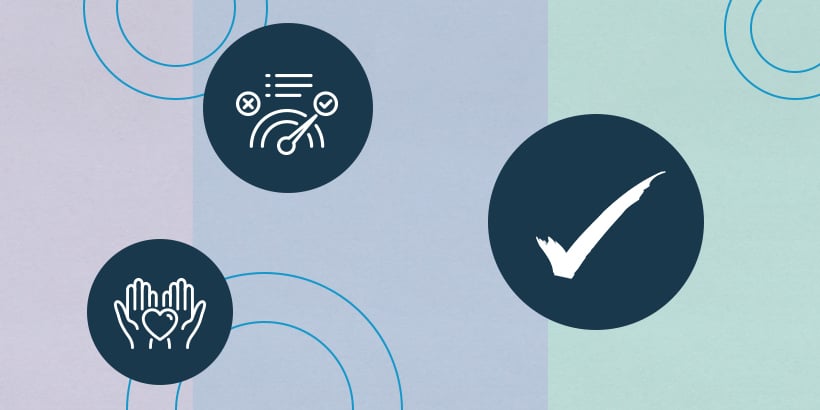 Graphic illustration with an icon of two hands holding a heart, a fuel gauge icon, and a checkmark