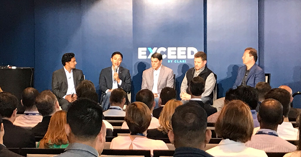 Photograph of Carl Eschenbach, former president and COO of VMware; Sudheesh Nair, president of Nutanix; David Obrand, COO at Radius; Jim Wilson, operating partner at Costanoa; and Somrat Niyogi, VP of Business Development at Clari)