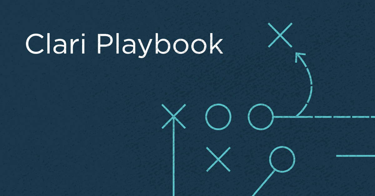 Banner that says Clari Playbook with a sports play diagram illustration on a dark blue background