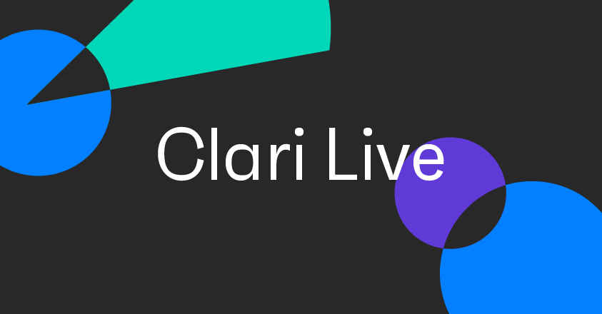 Banner image that says Clari Live over a background of overlapping shapes