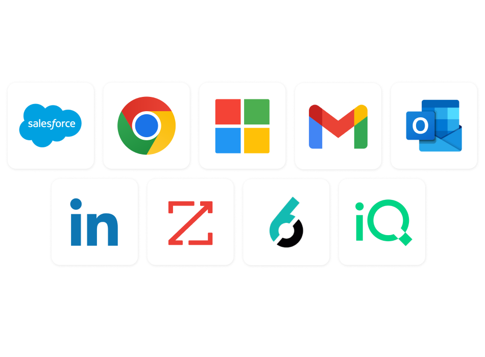 Logos of Salesforce, Chrome, Microsoft, Gmail, Outlook, LinkedIn, ZoomInfo, 6sense and more