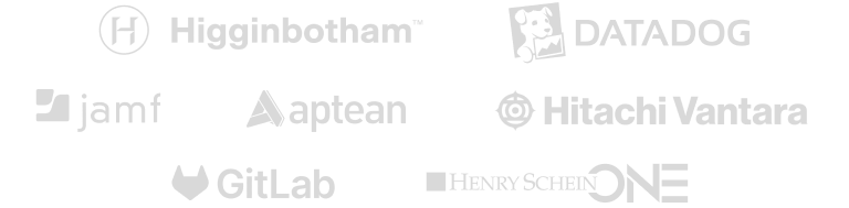 Logos of Higginbotham, Datadog, jamf, aptean, Hitachi Vantara, GitLab, and Henry Schein ONE