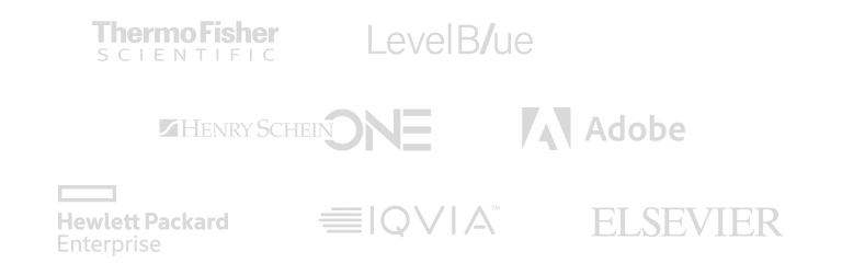 Logos of ThermoFisher Scientific, LevelBlue, Cisco, Henry Schein ONE, Adobe, Hewlett Packard Enterprise, IQVIA, and Elsevier