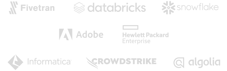 Company logos of Fivetran, Databricks, Snowflake, Adobe, HP Enterprise, Informatica, Crowdstrike, and Algolia